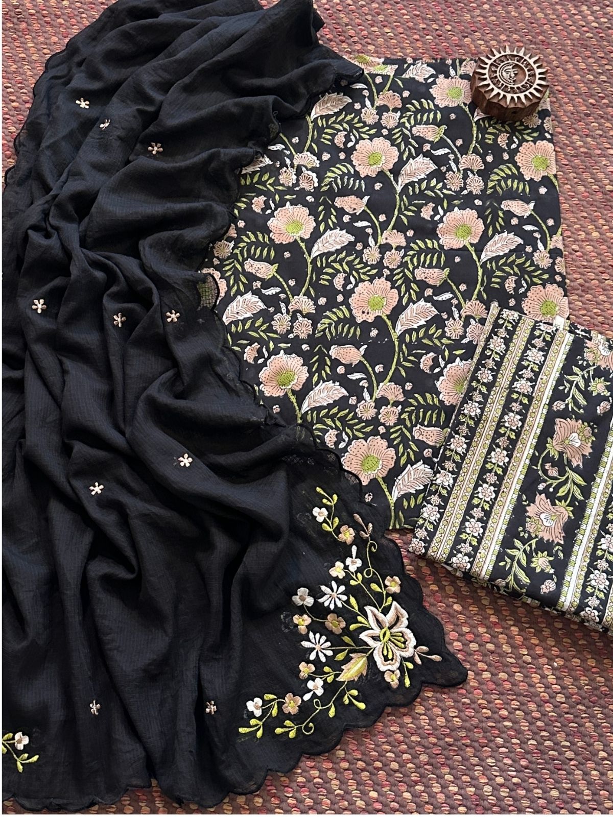 Pure Cotton Handblock Fabric Set with Embroidered Dupatta