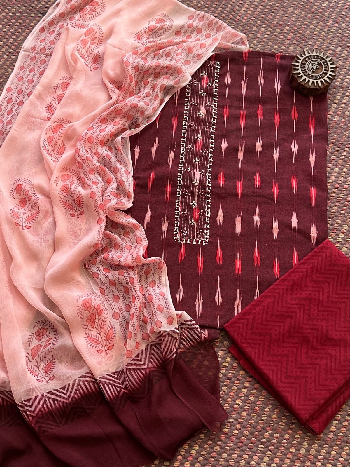 Pure Cotton Ikat Unstitched Set with Chiffon Dupatta