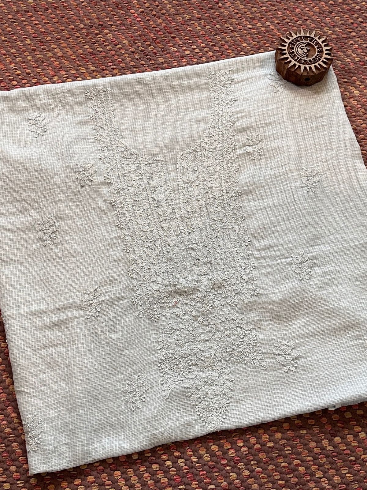 Chikankari Hand Embroidered Fabric with Ajrak Hadblocked Kota Dupatta