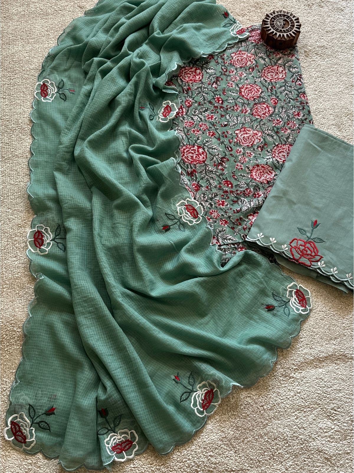 Pure Cotton Hand-block Fabric with Embroidered Bottom & Kota Doria Dupatta