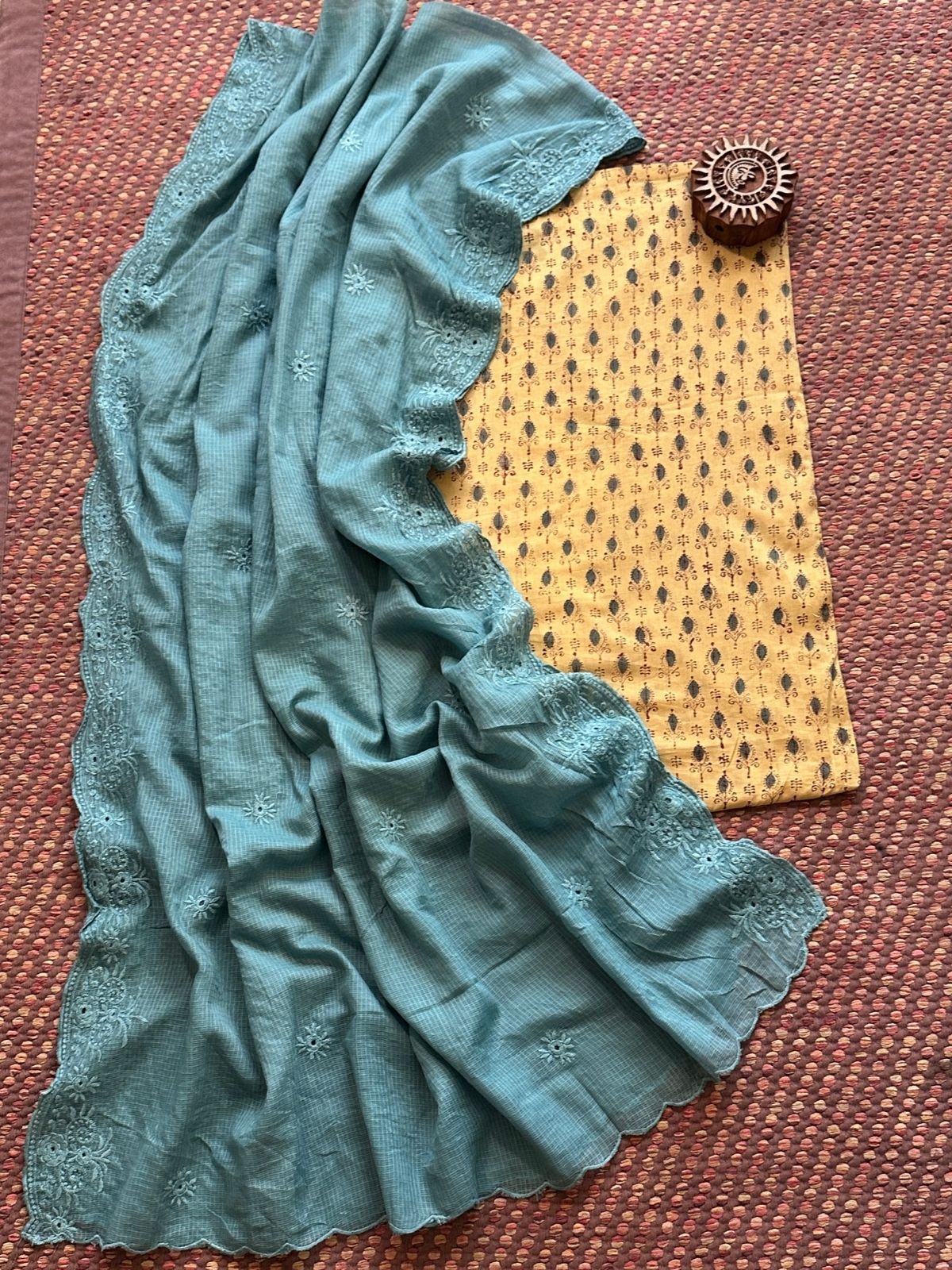 Pure Cotton Malmal Handblock Fabric with Embroidered Kota Dupatta