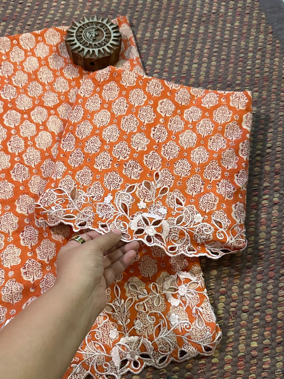 Cutwork Pure Cotton Malmal Hand-blocked Coord Set