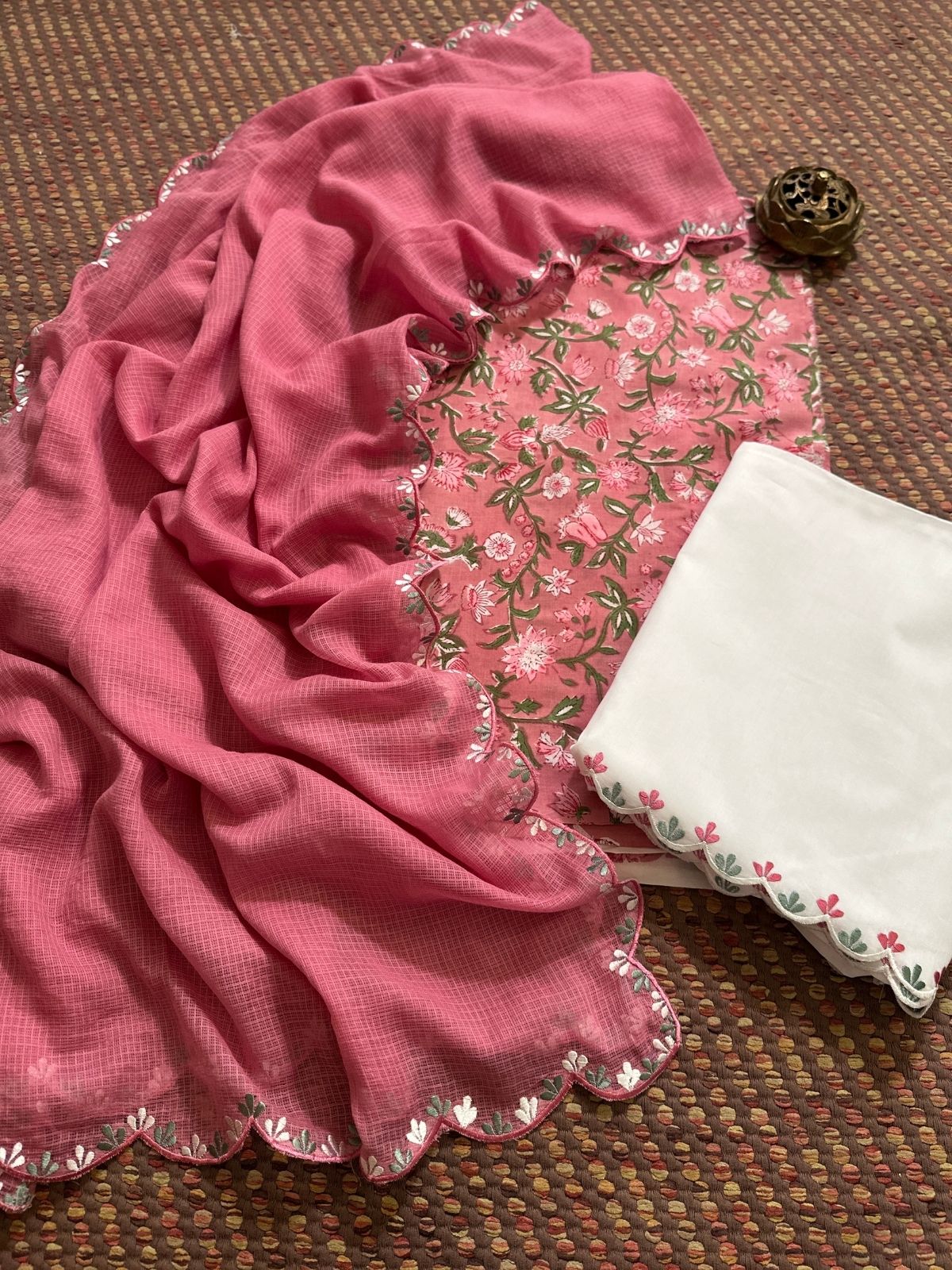 Pure Cotton Hand-block Fabric with Embroidered Bottom & Kota Doria Dupatta
