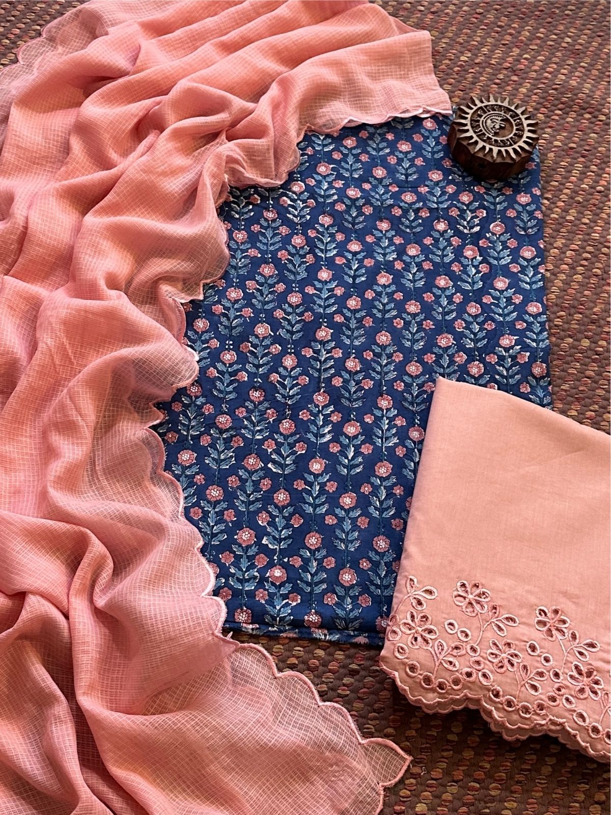Pure Cotton Hand-blocked Fabric with Cutwork Bottom & Kota Doria Dupatta