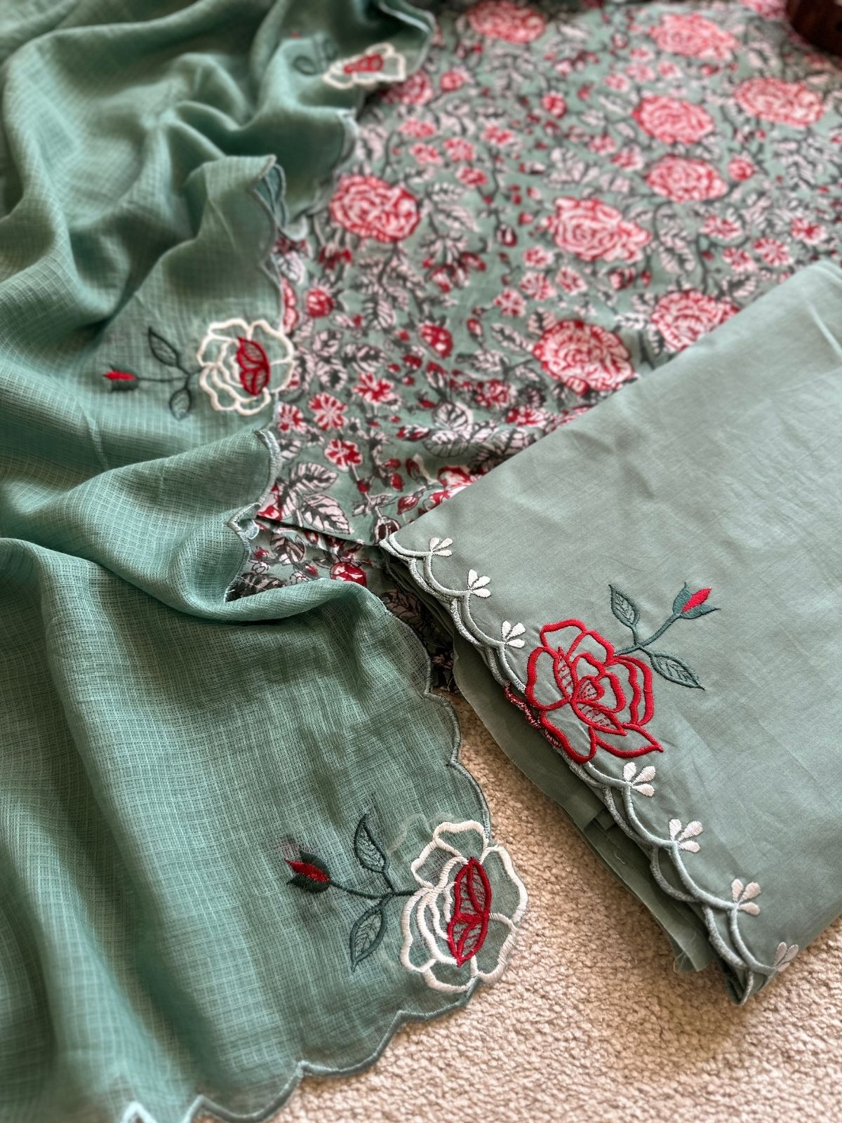 Pure Cotton Hand-block Fabric with Embroidered Bottom & Kota Doria Dupatta