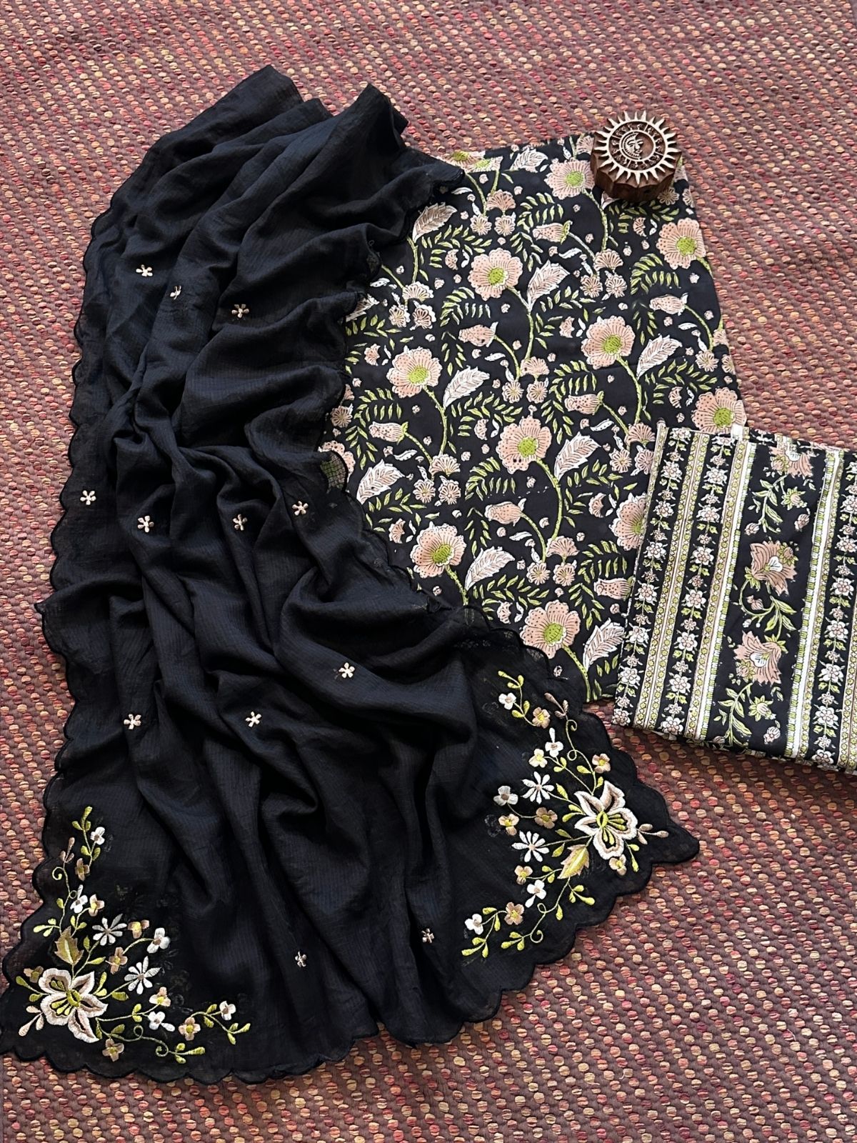 Pure Cotton Handblock Fabric Set with Embroidered Dupatta