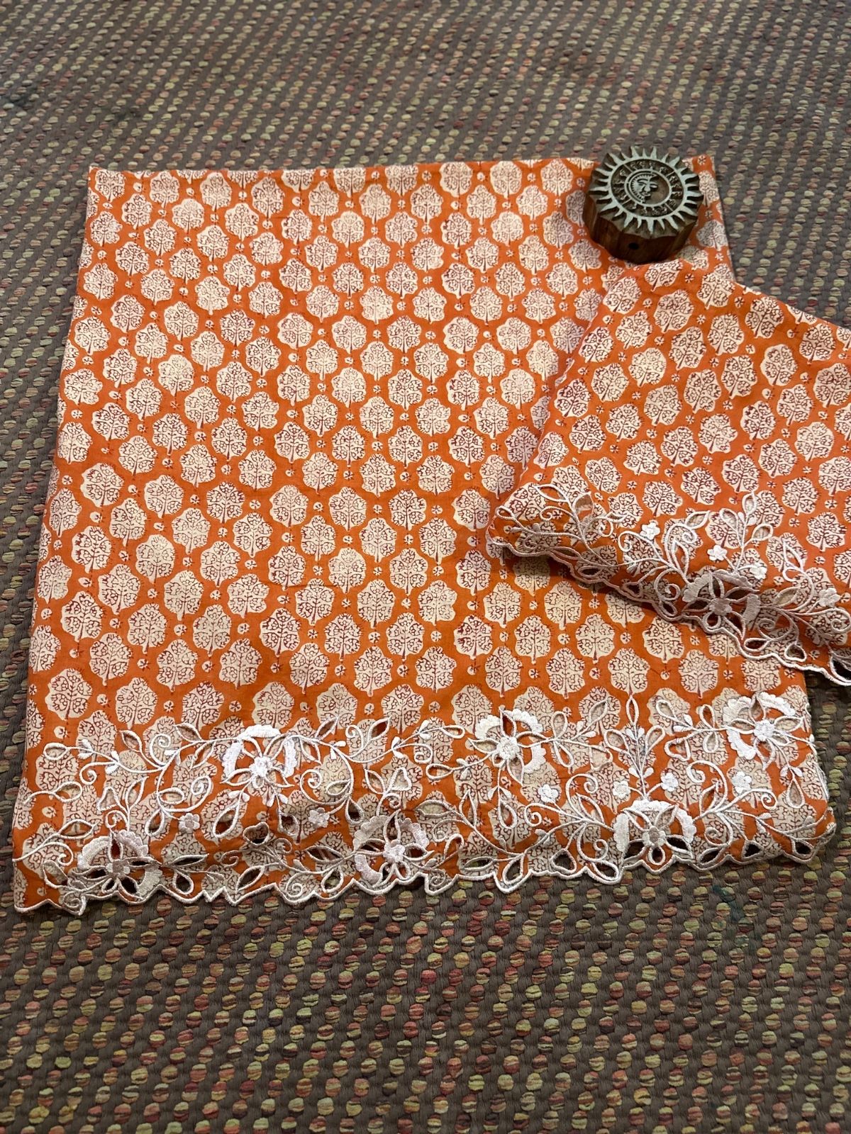 Cutwork Pure Cotton Malmal Hand-blocked Coord Set