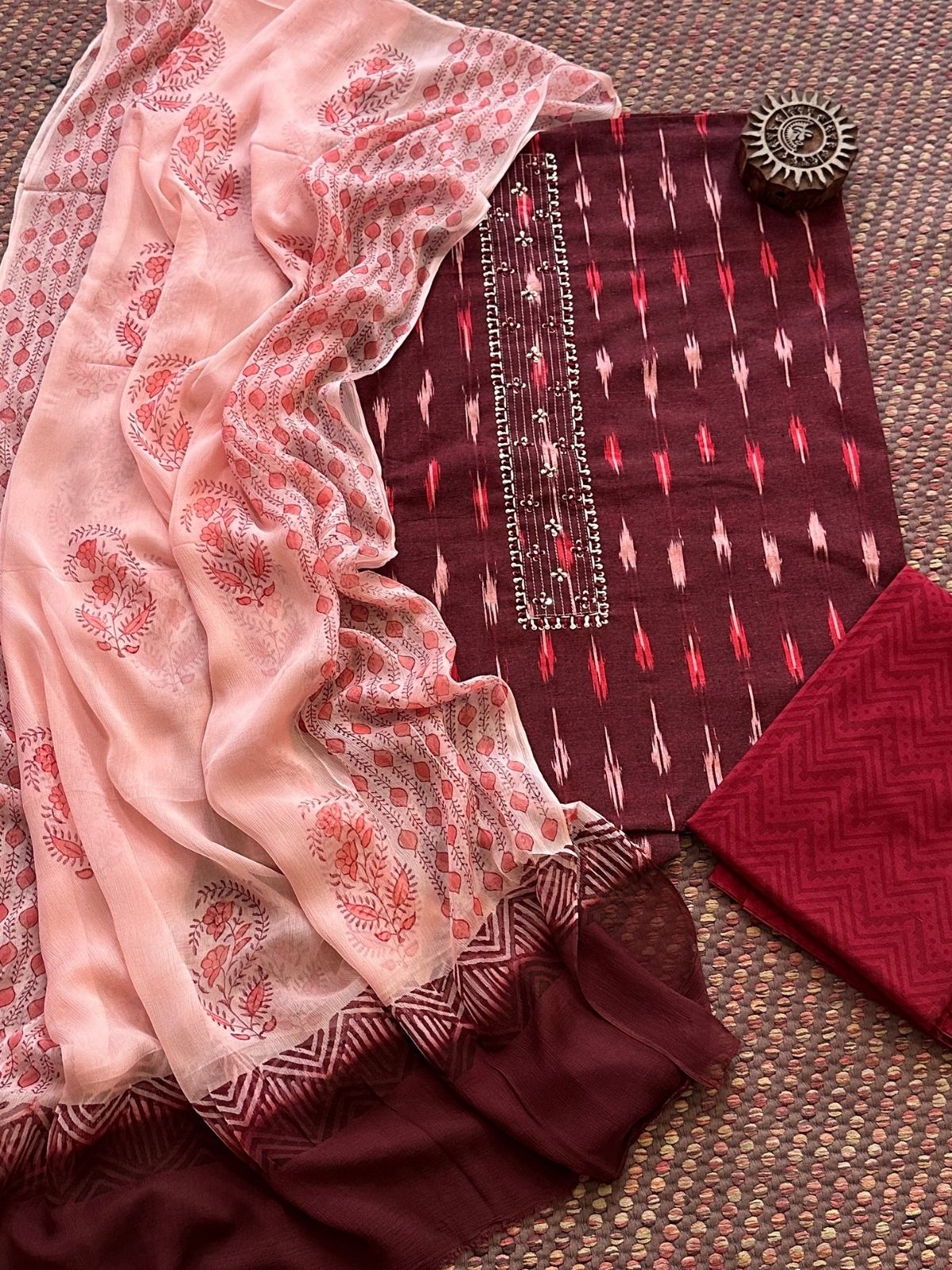 Pure Cotton Ikat Unstitched Set with Chiffon Dupatta