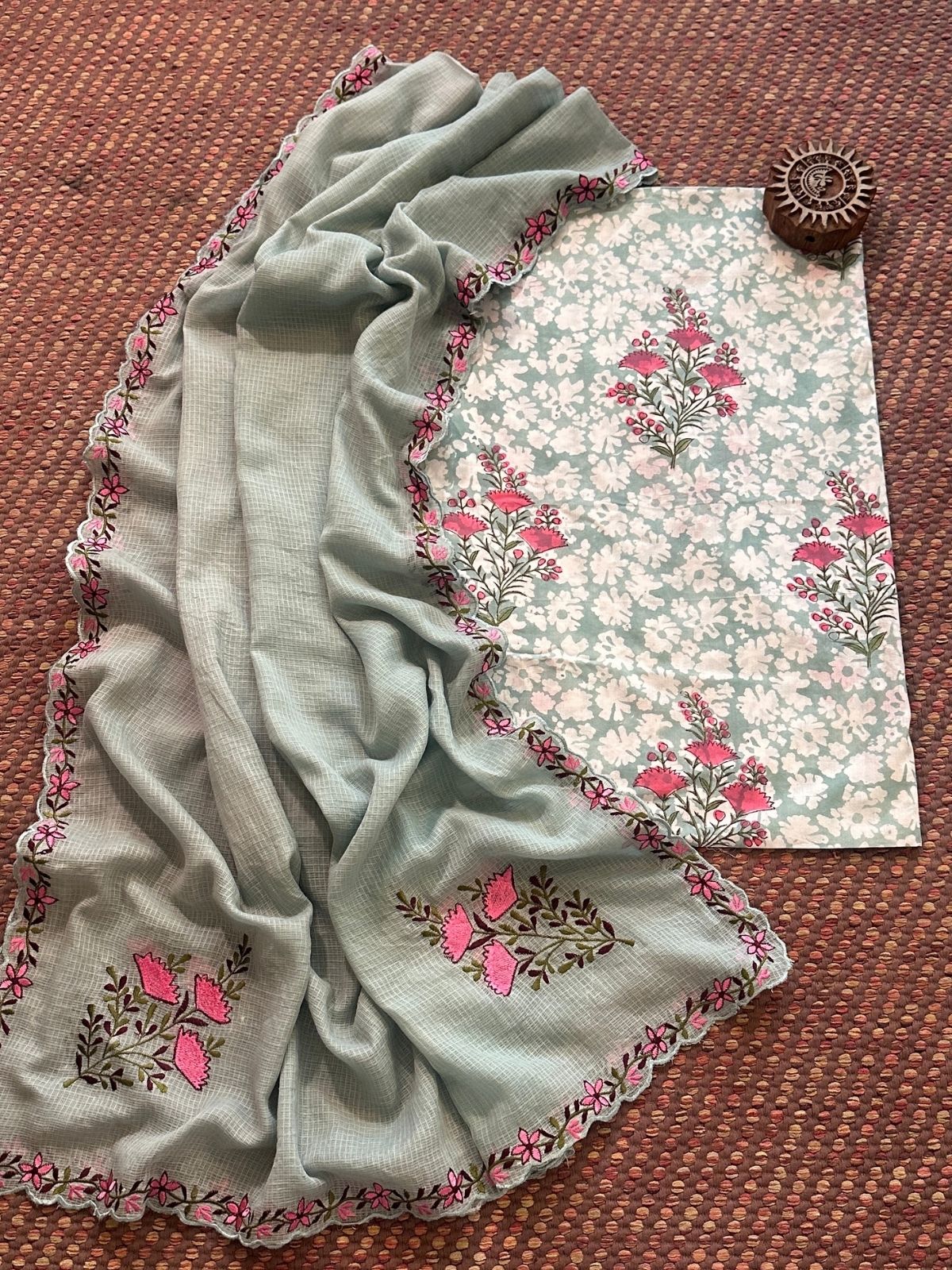 Pure Cotton Handblock Fabric with Exclusive Embroidered Dupatta