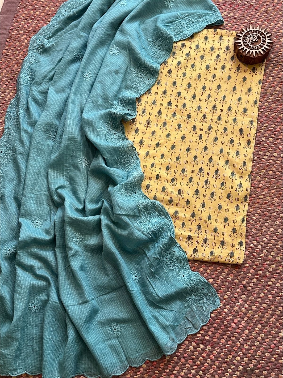 Pure Cotton Malmal Handblock Fabric with Embroidered Kota Dupatta
