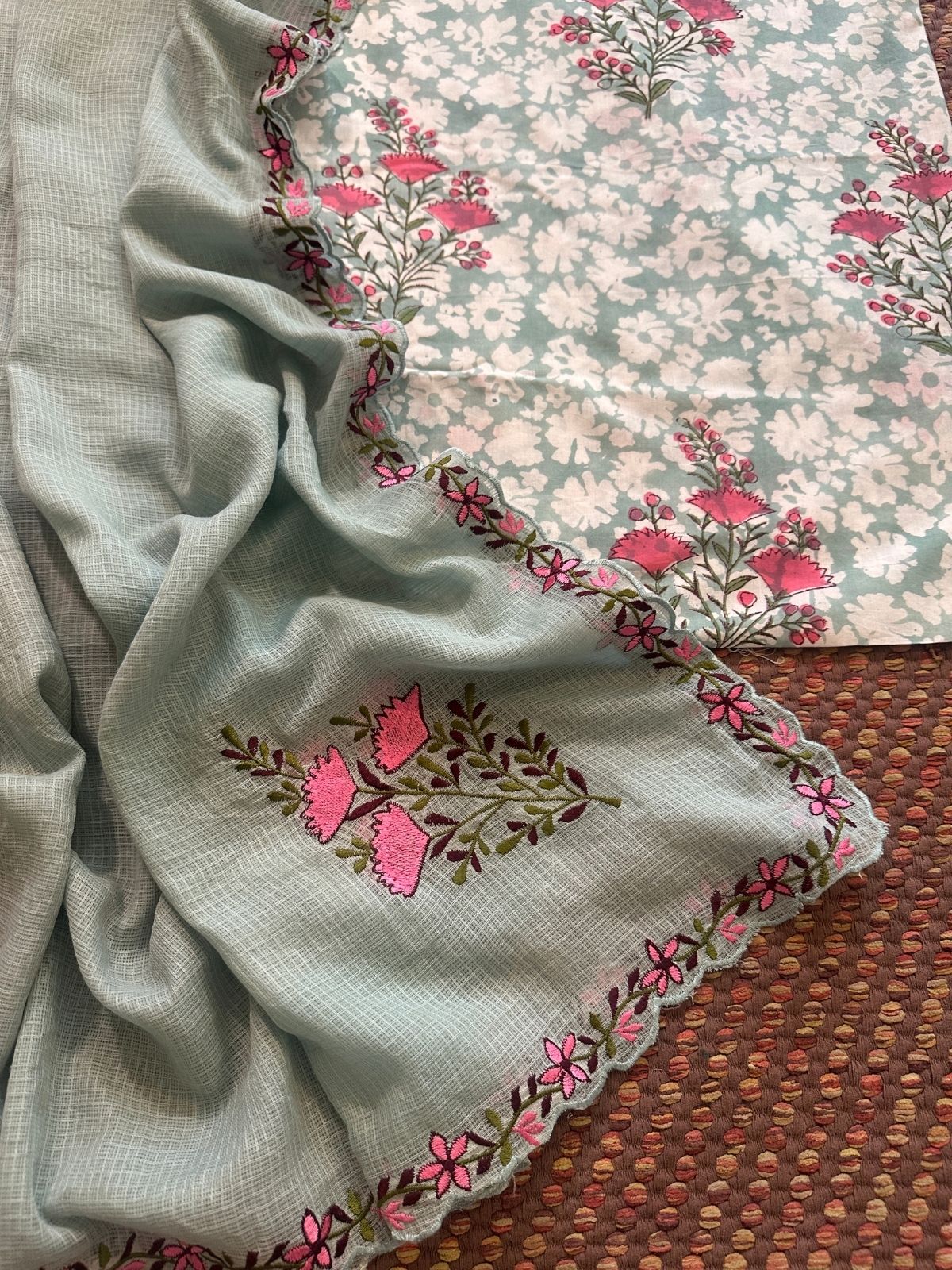 Pure Cotton Handblock Fabric with Exclusive Embroidered Dupatta