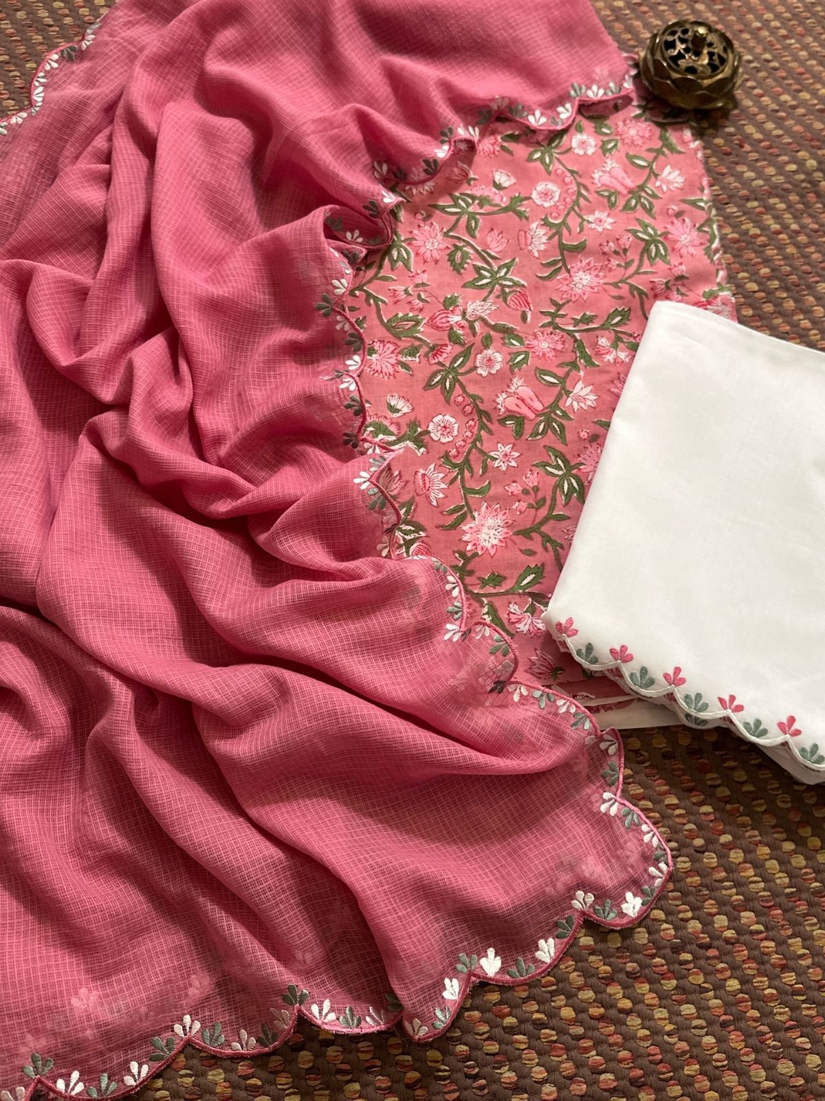 Pure Cotton Hand-block Fabric with Embroidered Bottom & Kota Doria Dupatta