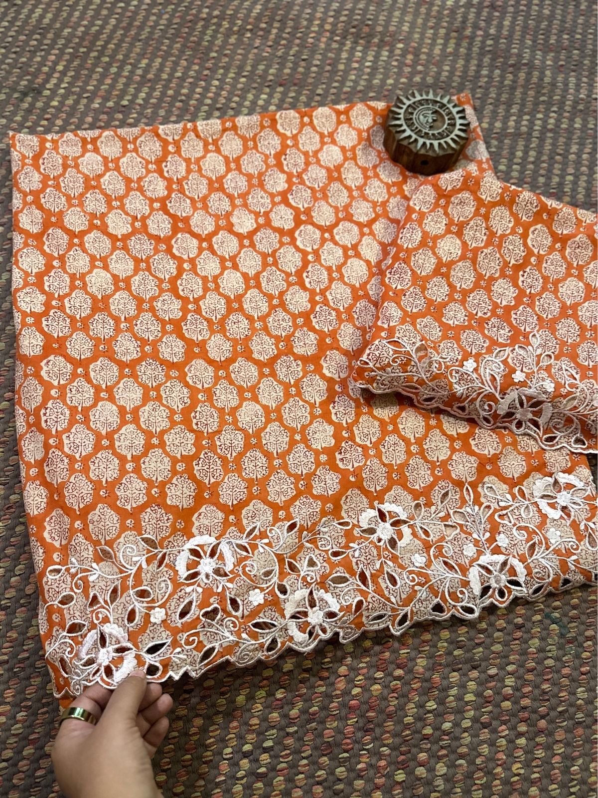 Cutwork Pure Cotton Malmal Hand-blocked Coord Set
