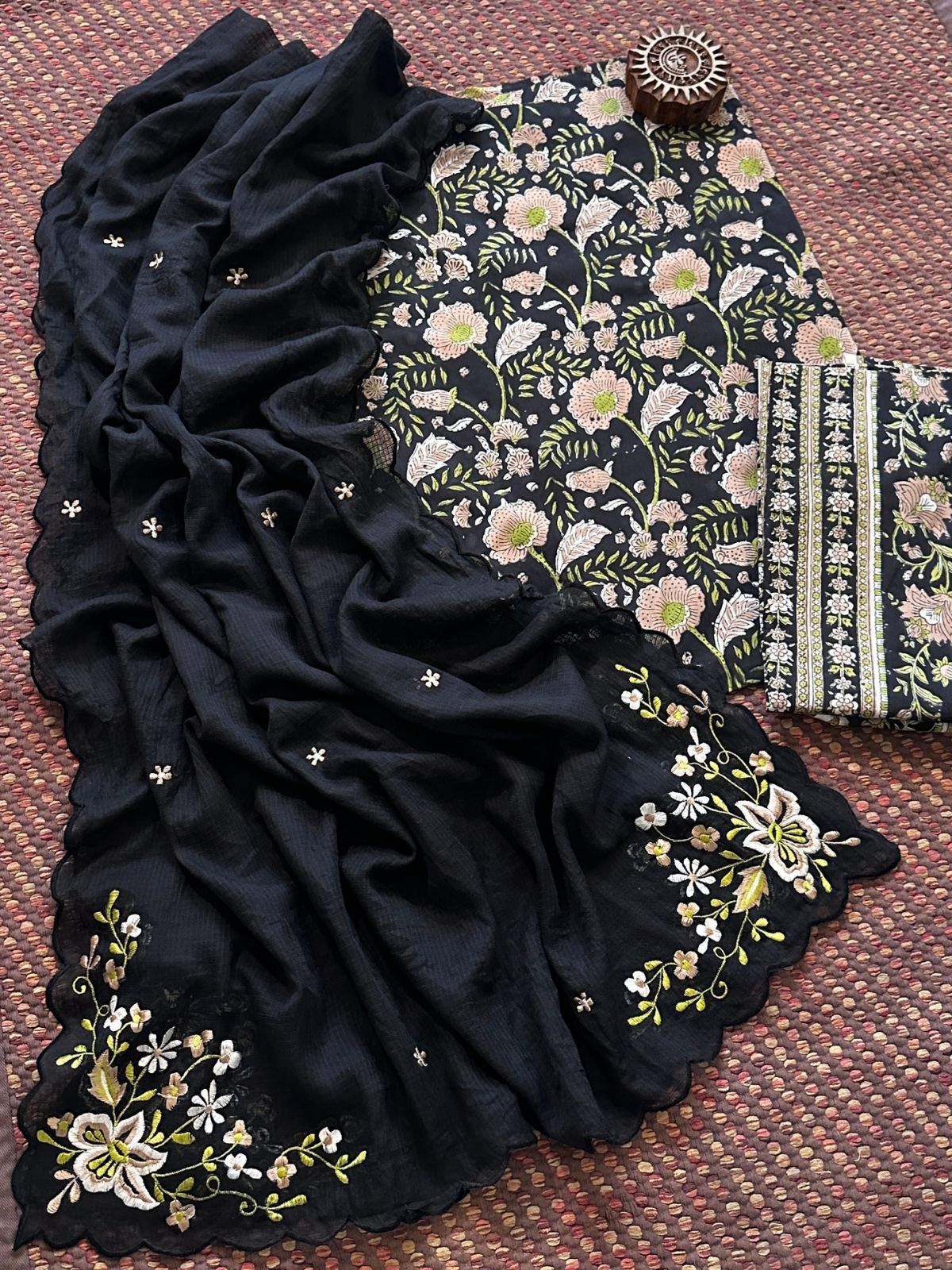 Pure Cotton Handblock Fabric Set with Embroidered Dupatta