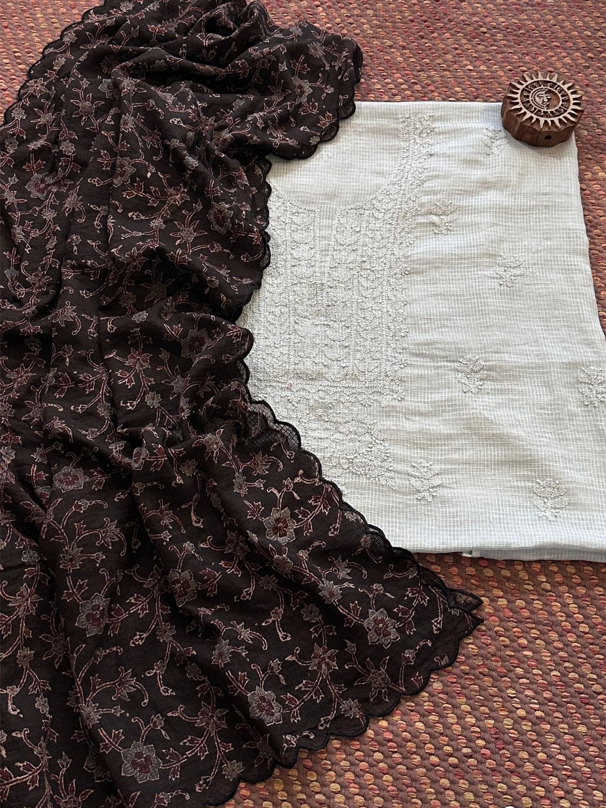 Chikankari Hand Embroidered Fabric with Ajrak Hadblocked Kota Dupatta