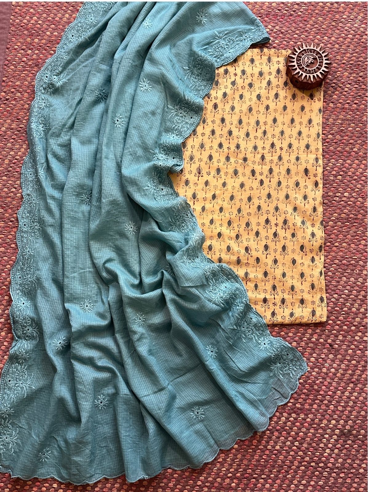 Pure Cotton Malmal Handblock Fabric with Embroidered Kota Dupatta