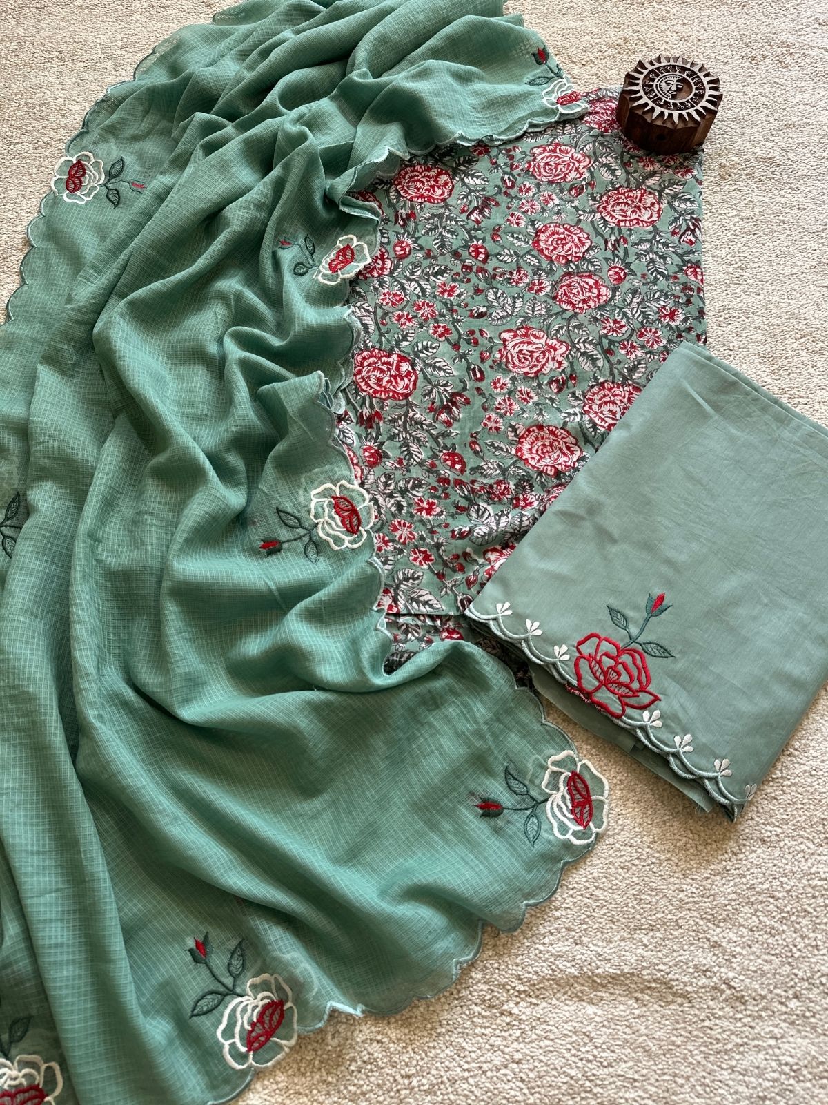 Pure Cotton Hand-block Fabric with Embroidered Bottom & Kota Doria Dupatta