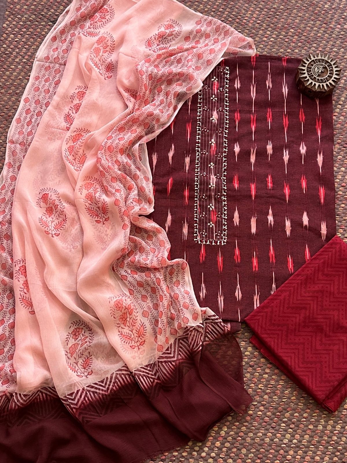 Pure Cotton Ikat Unstitched Set with Chiffon Dupatta