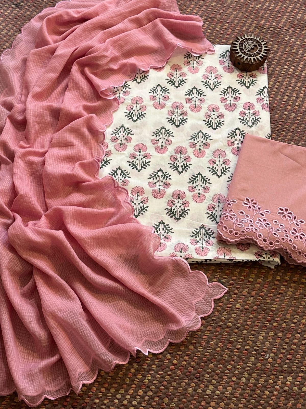 Pure Cotton Hand-blocked Fabric with Cutwork Bottom & Kota Doria Dupatta