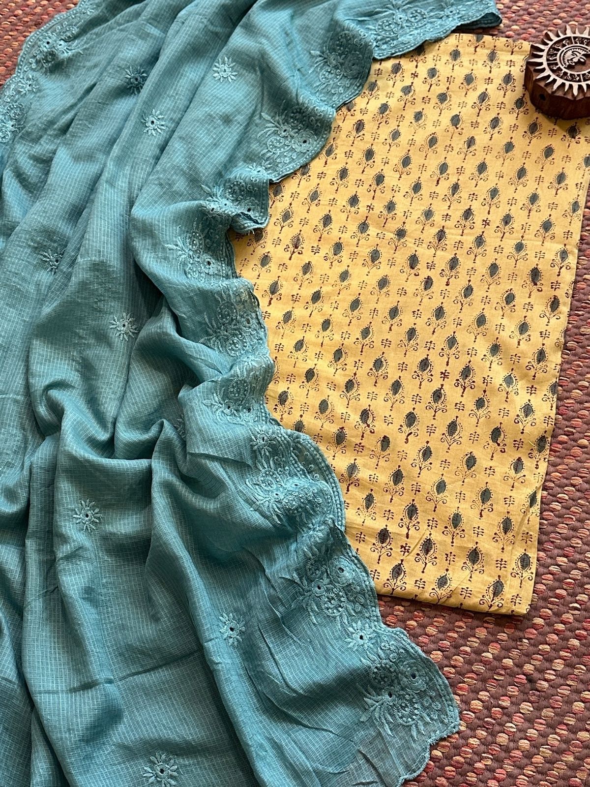 Pure Cotton Malmal Handblock Fabric with Embroidered Kota Dupatta