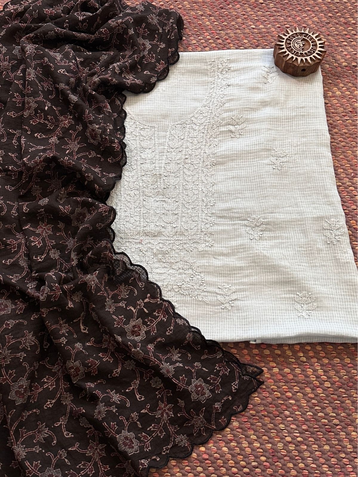 Chikankari Hand Embroidered Fabric with Ajrak Hadblocked Kota Dupatta