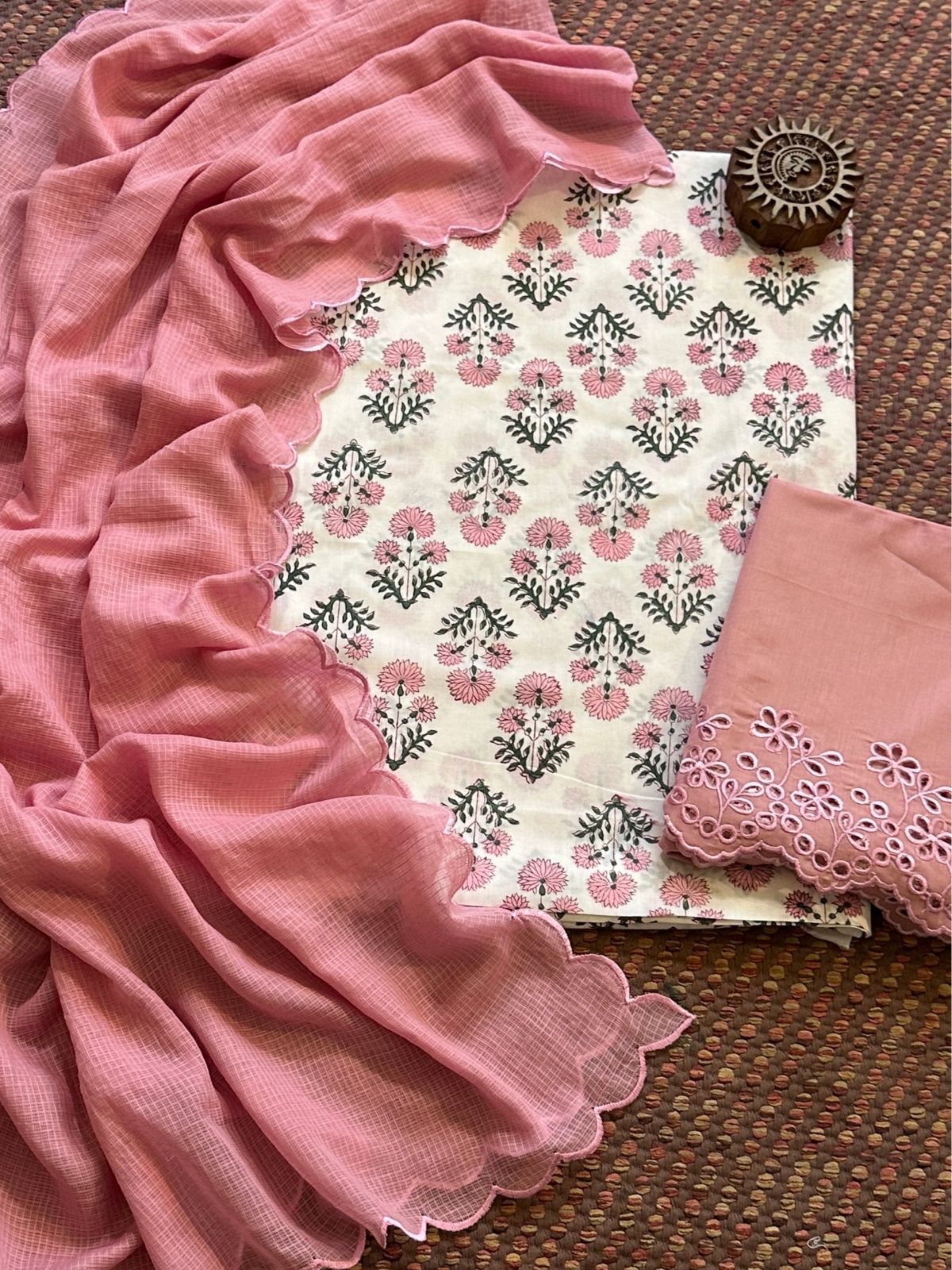 Pure Cotton Hand-blocked Fabric with Cutwork Bottom & Kota Doria Dupatta