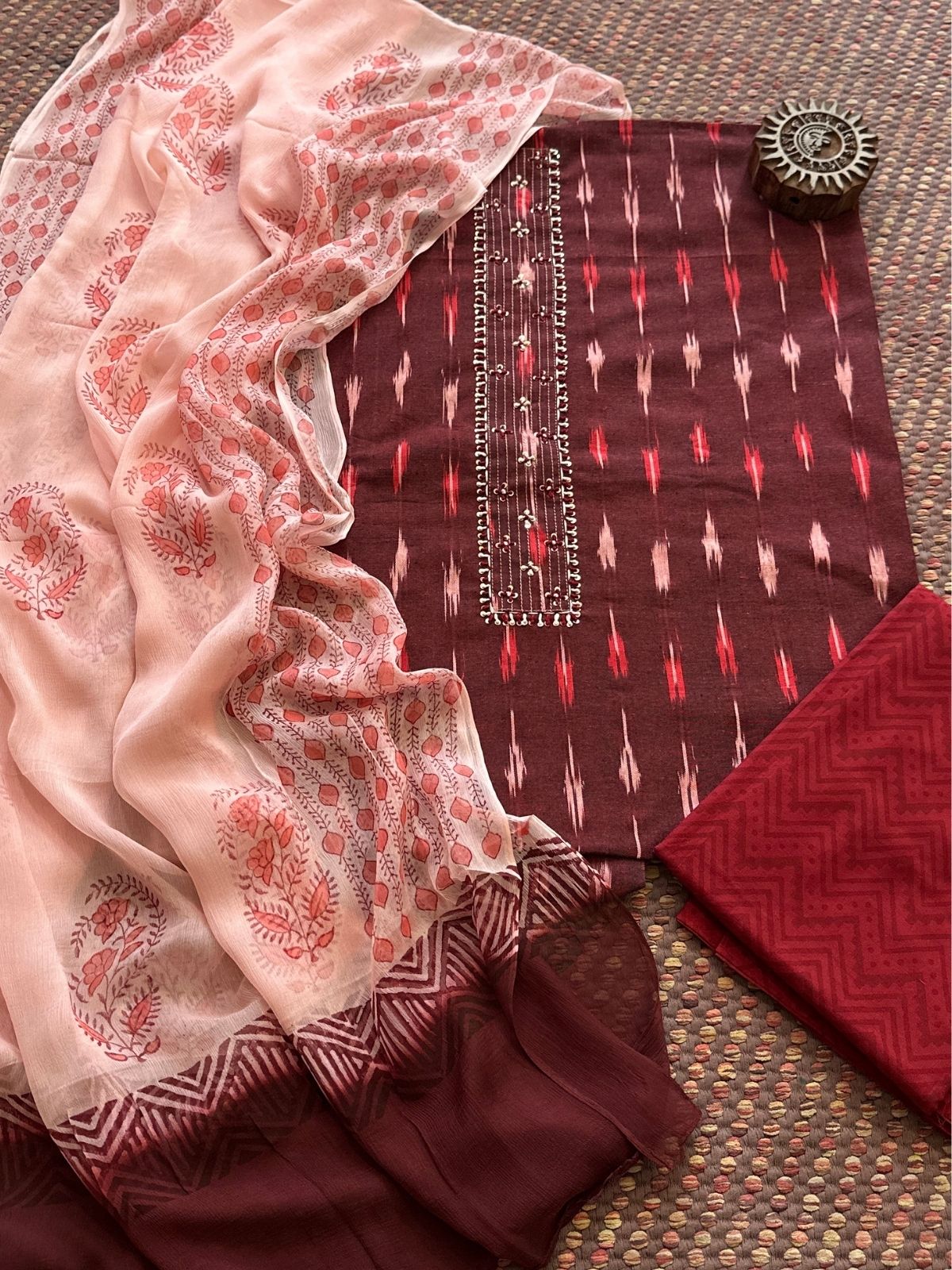 Pure Cotton Ikat Unstitched Set with Chiffon Dupatta