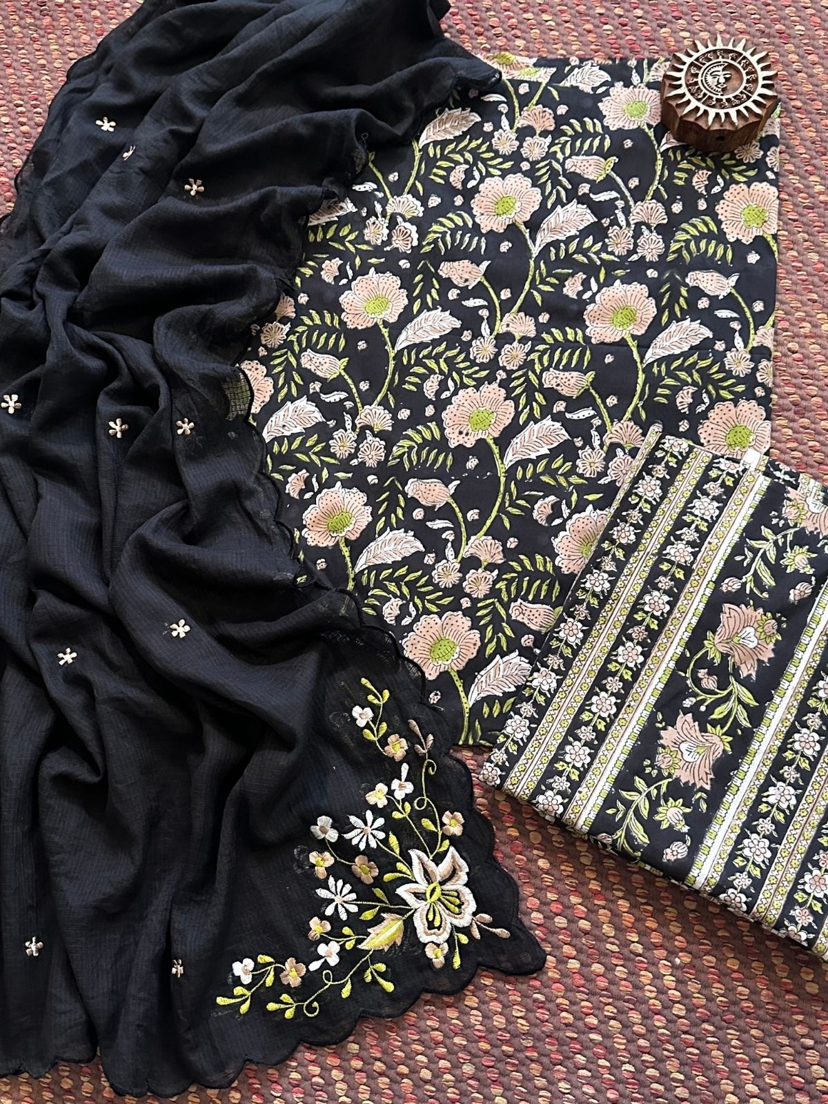 Pure Cotton Handblock Fabric Set with Embroidered Dupatta