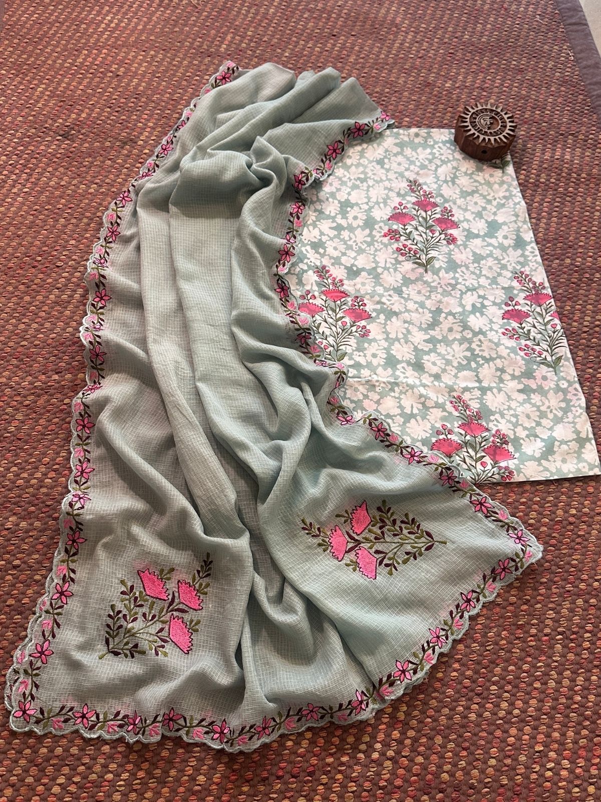 Pure Cotton Handblock Fabric with Exclusive Embroidered Dupatta