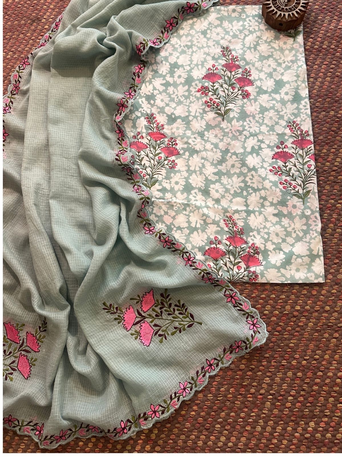 Pure Cotton Handblock Fabric with Exclusive Embroidered Dupatta