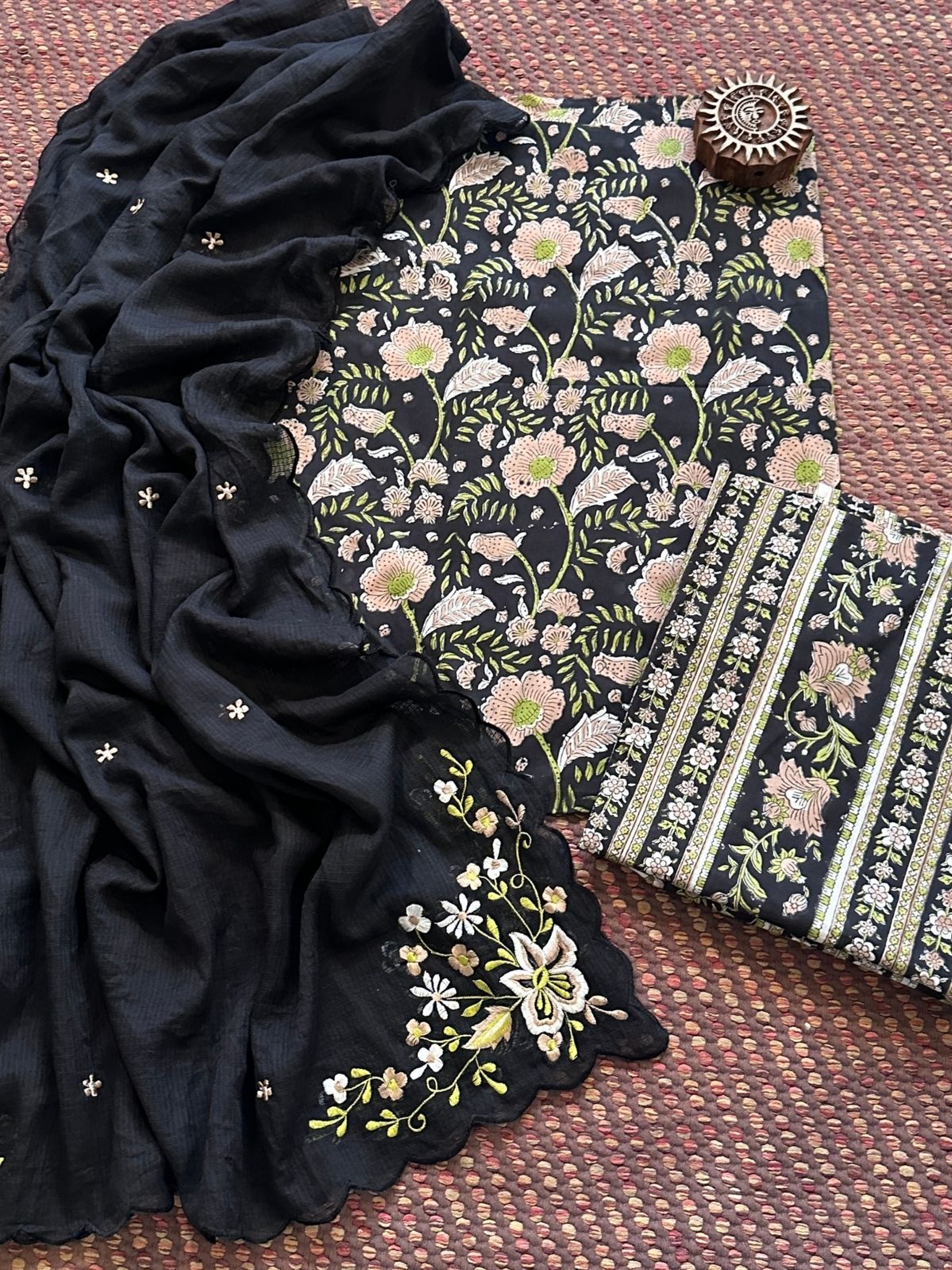 Pure Cotton Handblock Fabric Set with Embroidered Dupatta