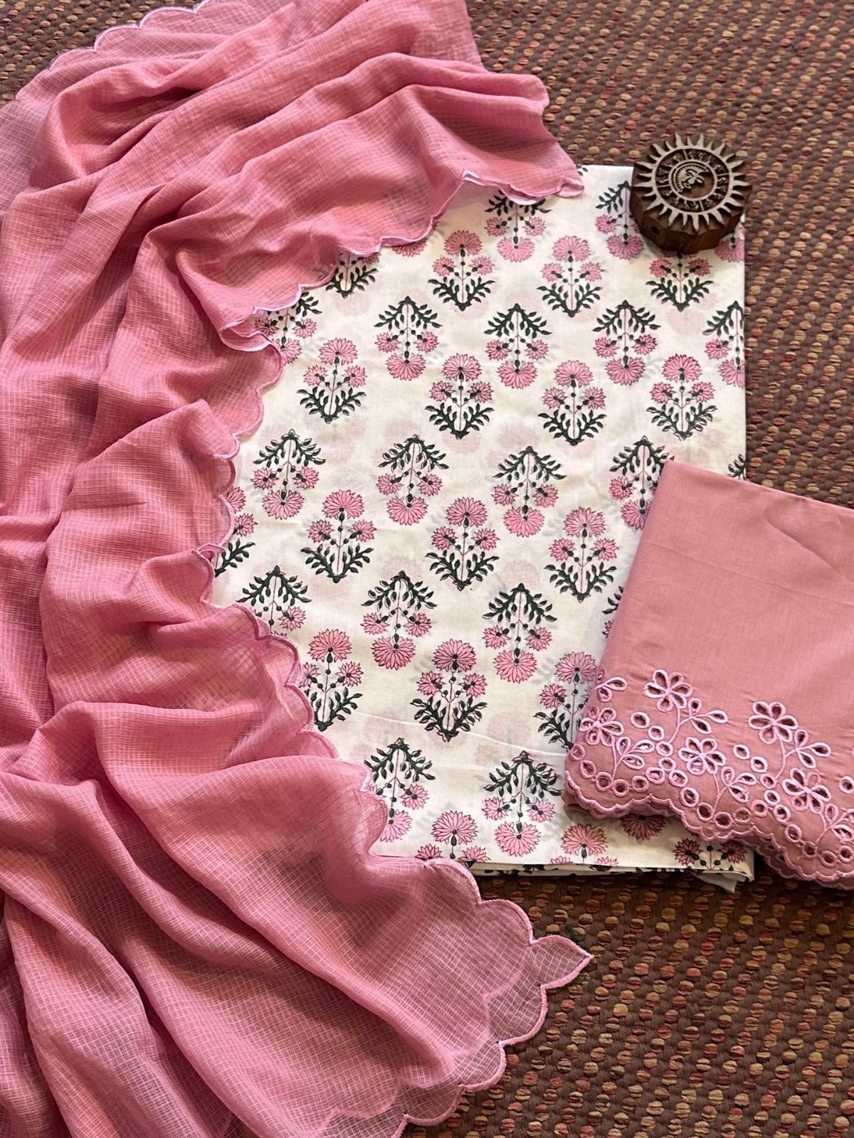 Pure Cotton Hand-blocked Fabric with Cutwork Bottom & Kota Doria Dupatta