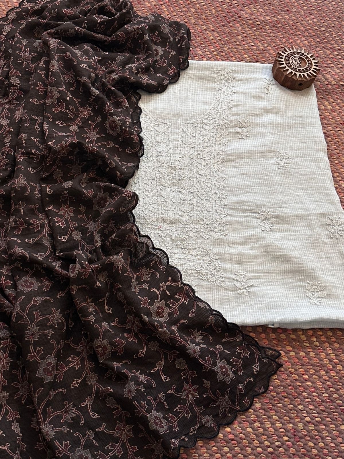 Chikankari Hand Embroidered Fabric with Ajrak Hadblocked Kota Dupatta