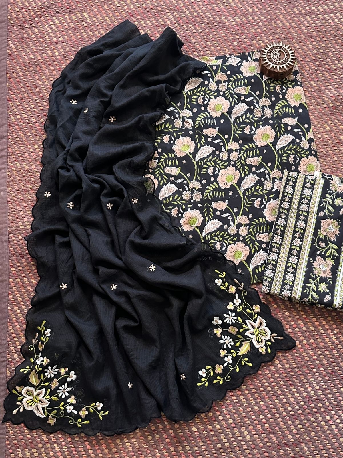 Pure Cotton Handblock Fabric Set with Embroidered Dupatta