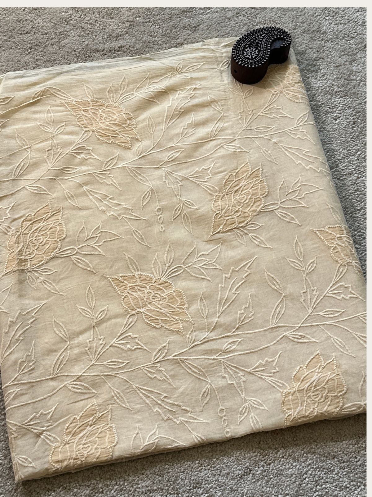 Beige Rose- Premium Cooton Fabric with Applique Embroidery