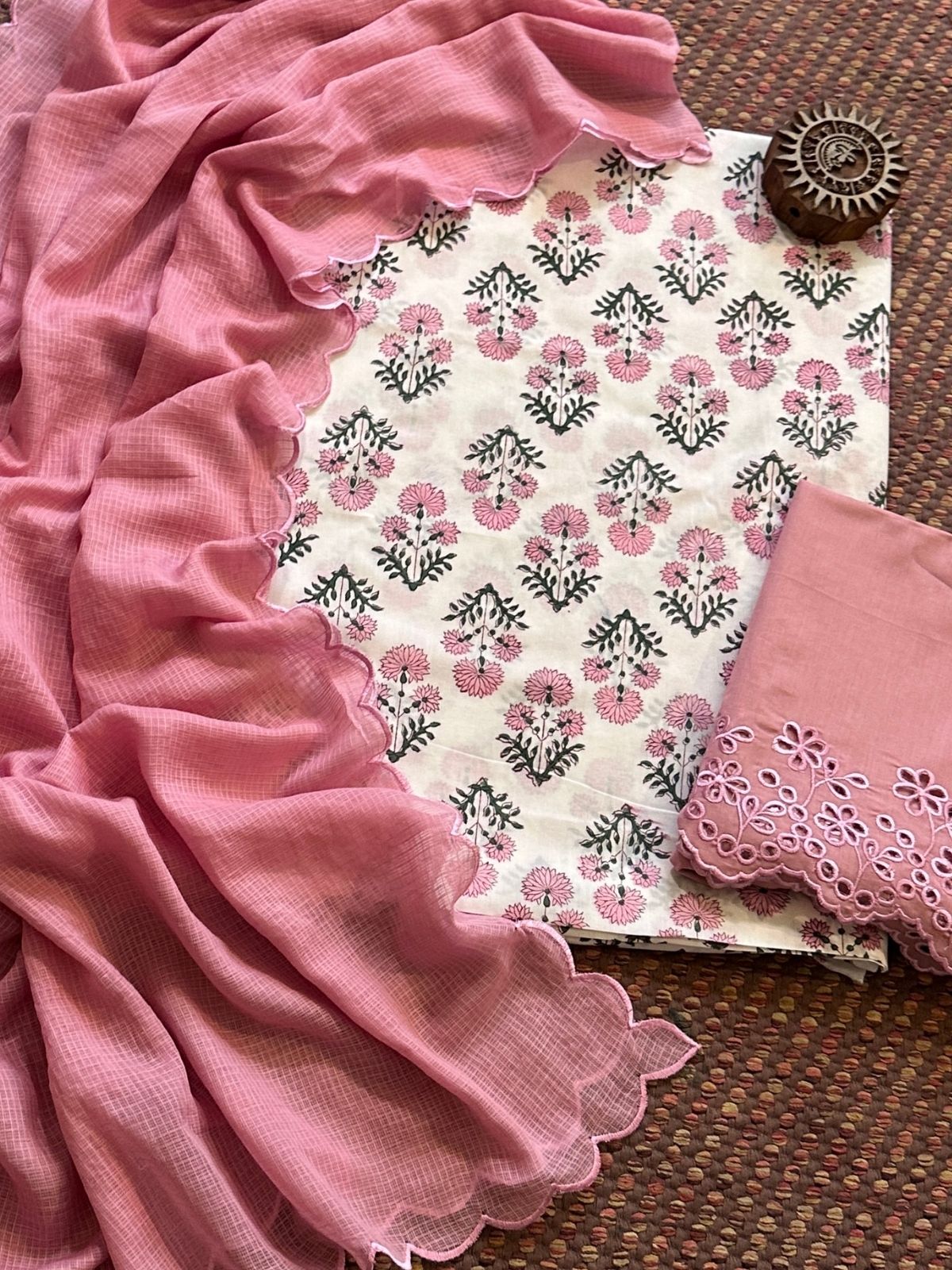Pure Cotton Hand-blocked Fabric with Cutwork Bottom & Kota Doria Dupatta
