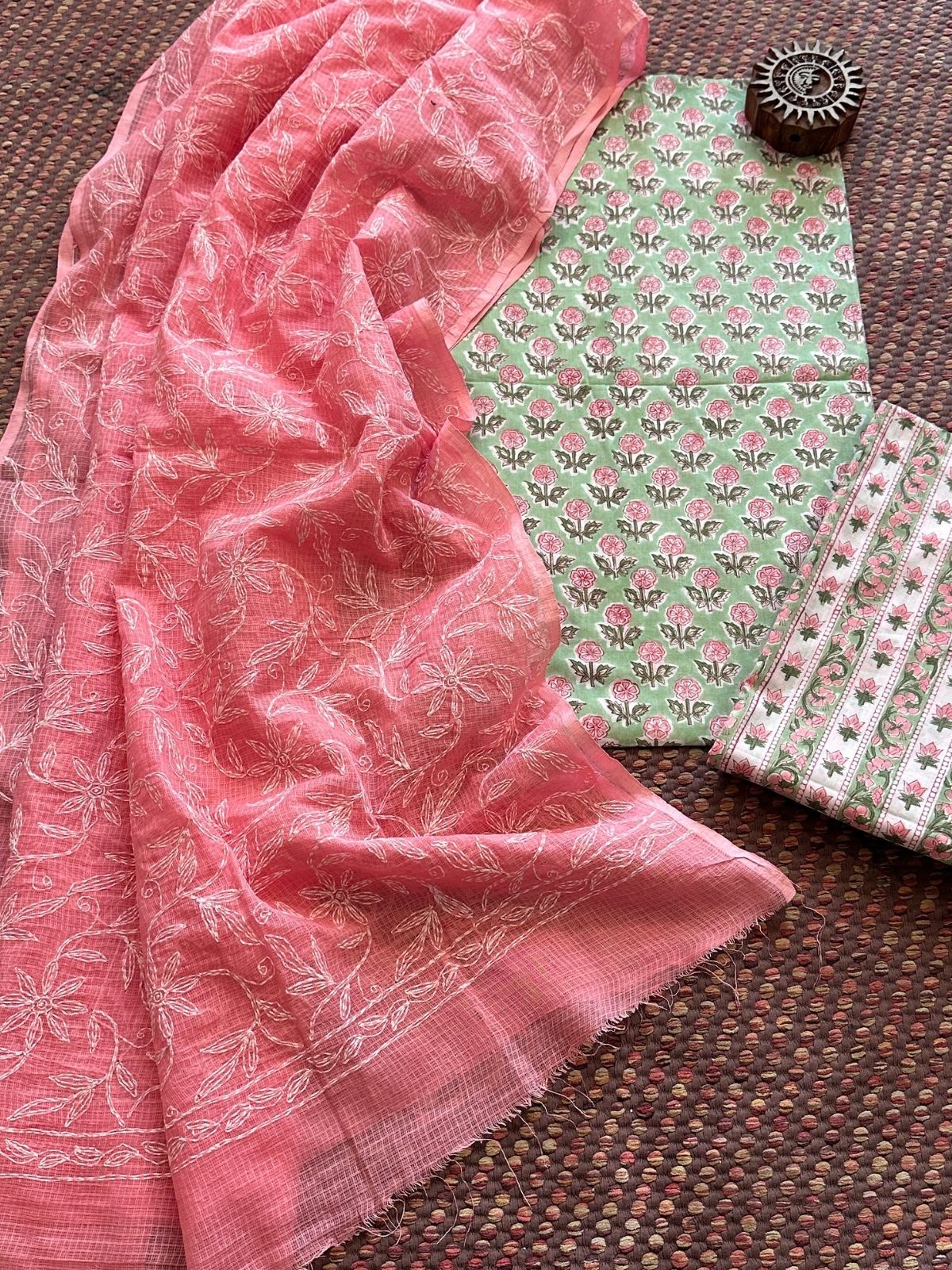 Pure Cotton Hand Blocked Set with Chikankari Dupatta