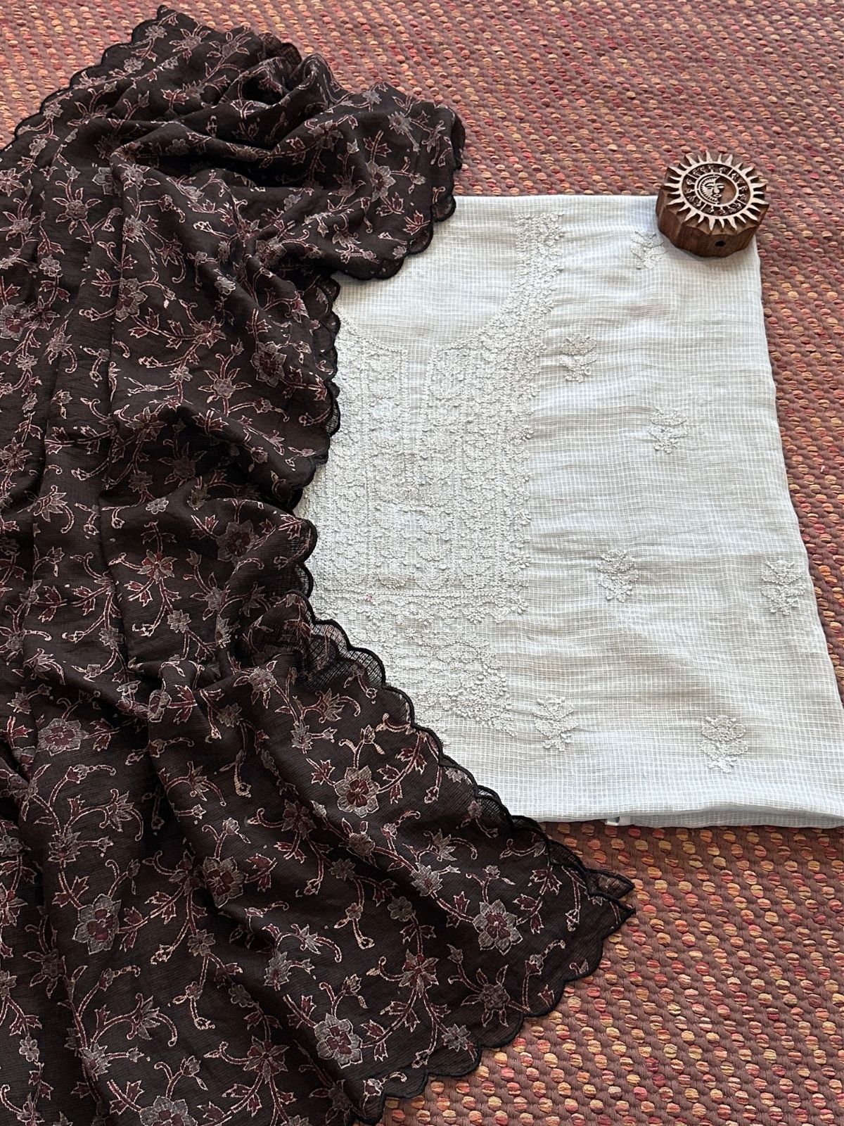 Chikankari Hand Embroidered Fabric with Ajrak Hadblocked Kota Dupatta