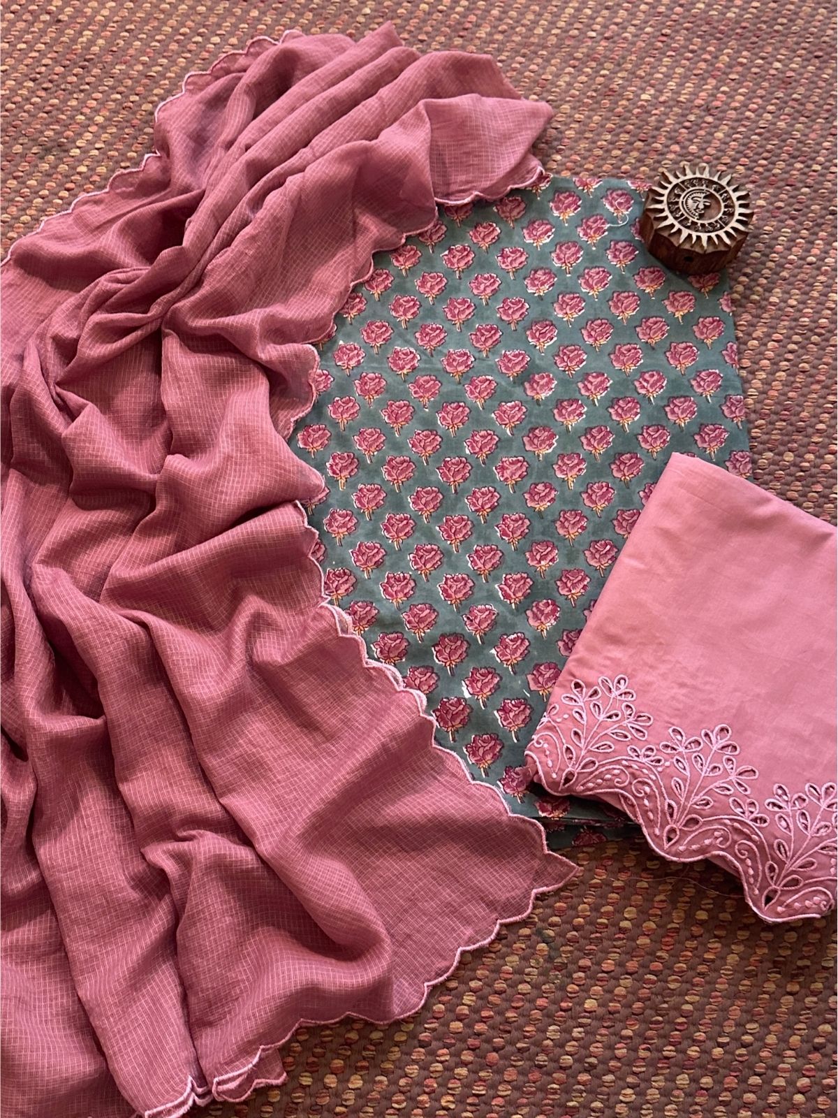 Pure Cotton Hand-blocked Fabric with Cutwork Bottom & Kota Doria Dupatta