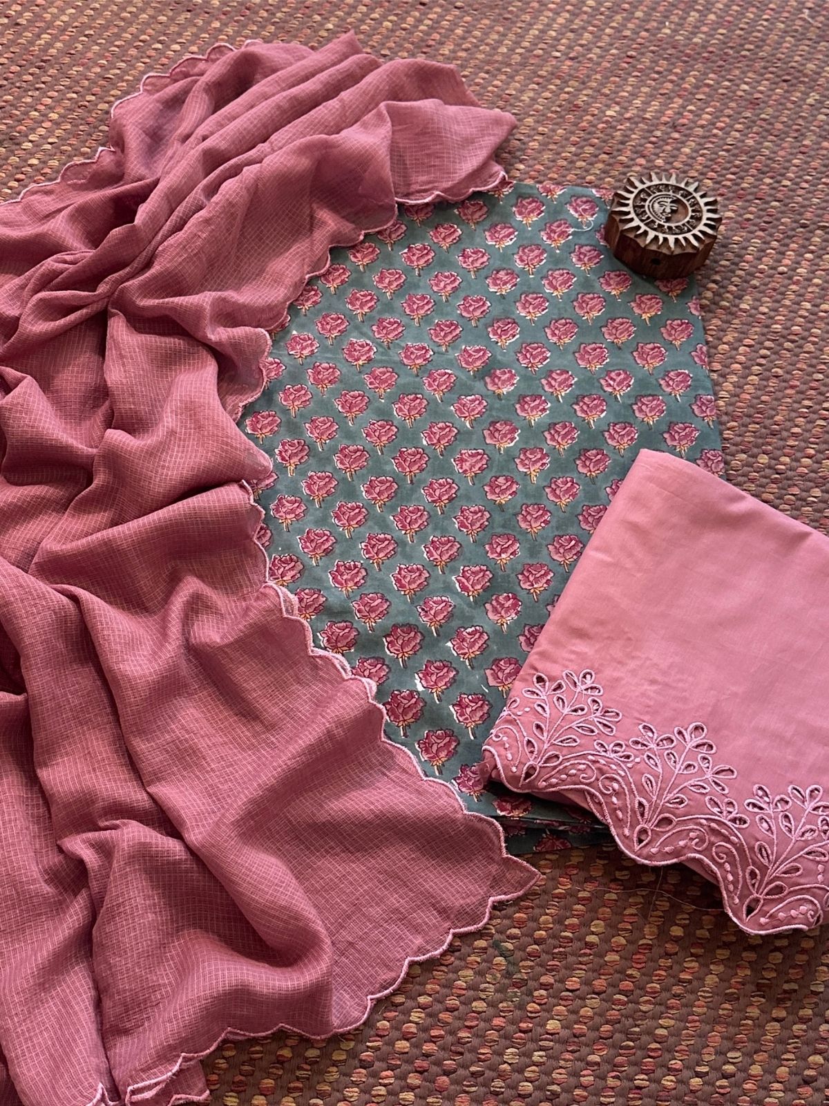 Pure Cotton Hand-blocked Fabric with Cutwork Bottom & Kota Doria Dupatta