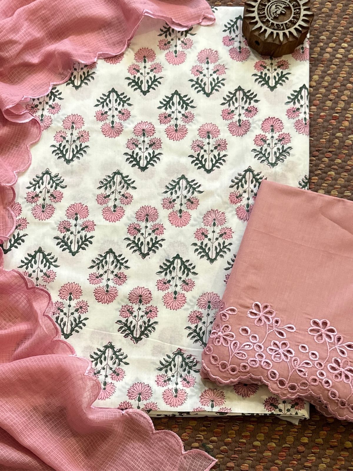Pure Cotton Hand-blocked Fabric with Cutwork Bottom & Kota Doria Dupatta