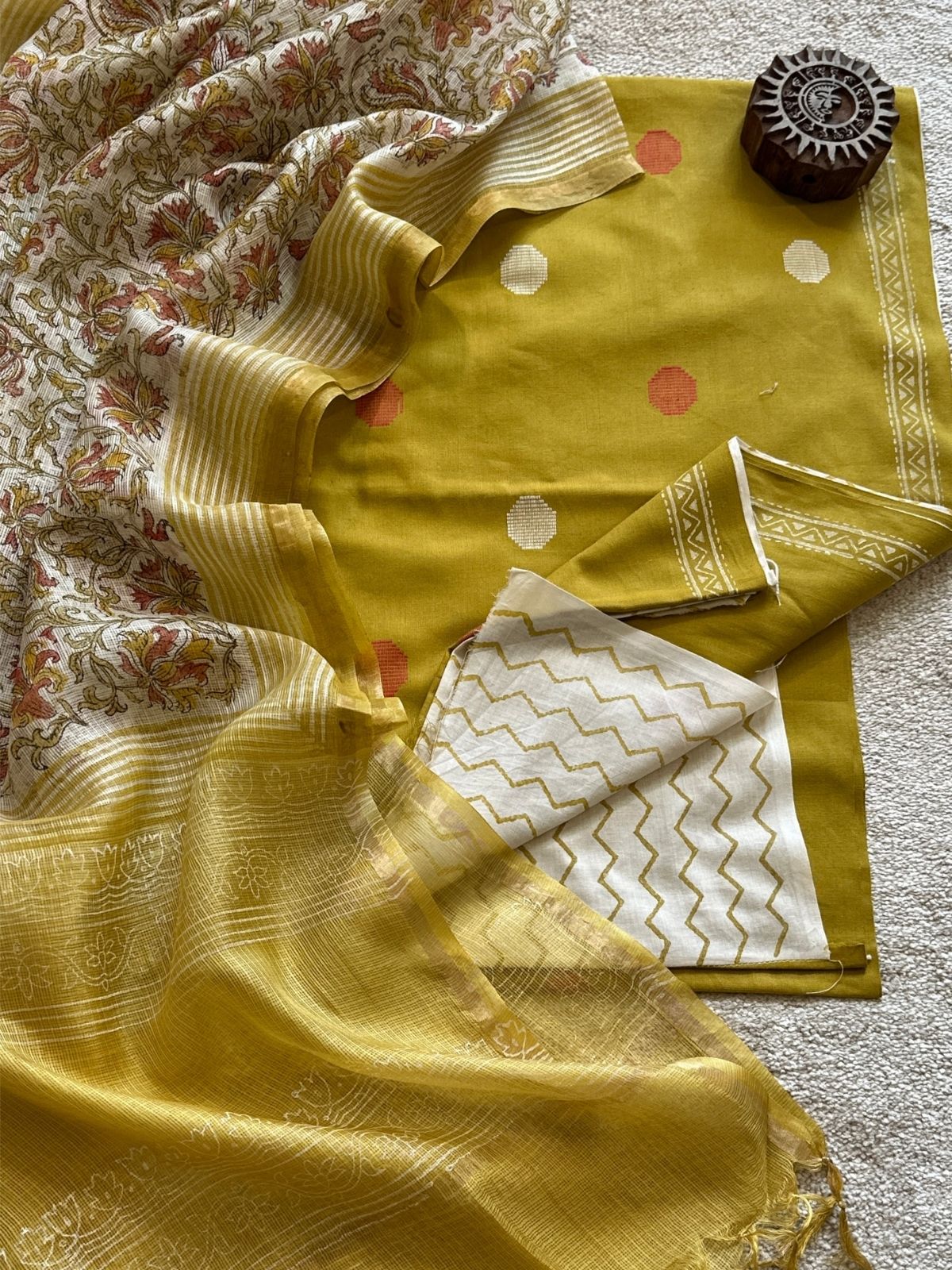 Pure Cotton Hand Woven Fabric with Kota Silk Handblocked dupatta.