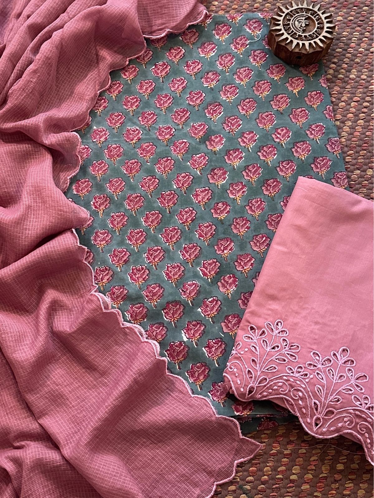 Pure Cotton Hand-blocked Fabric with Cutwork Bottom & Kota Doria Dupatta