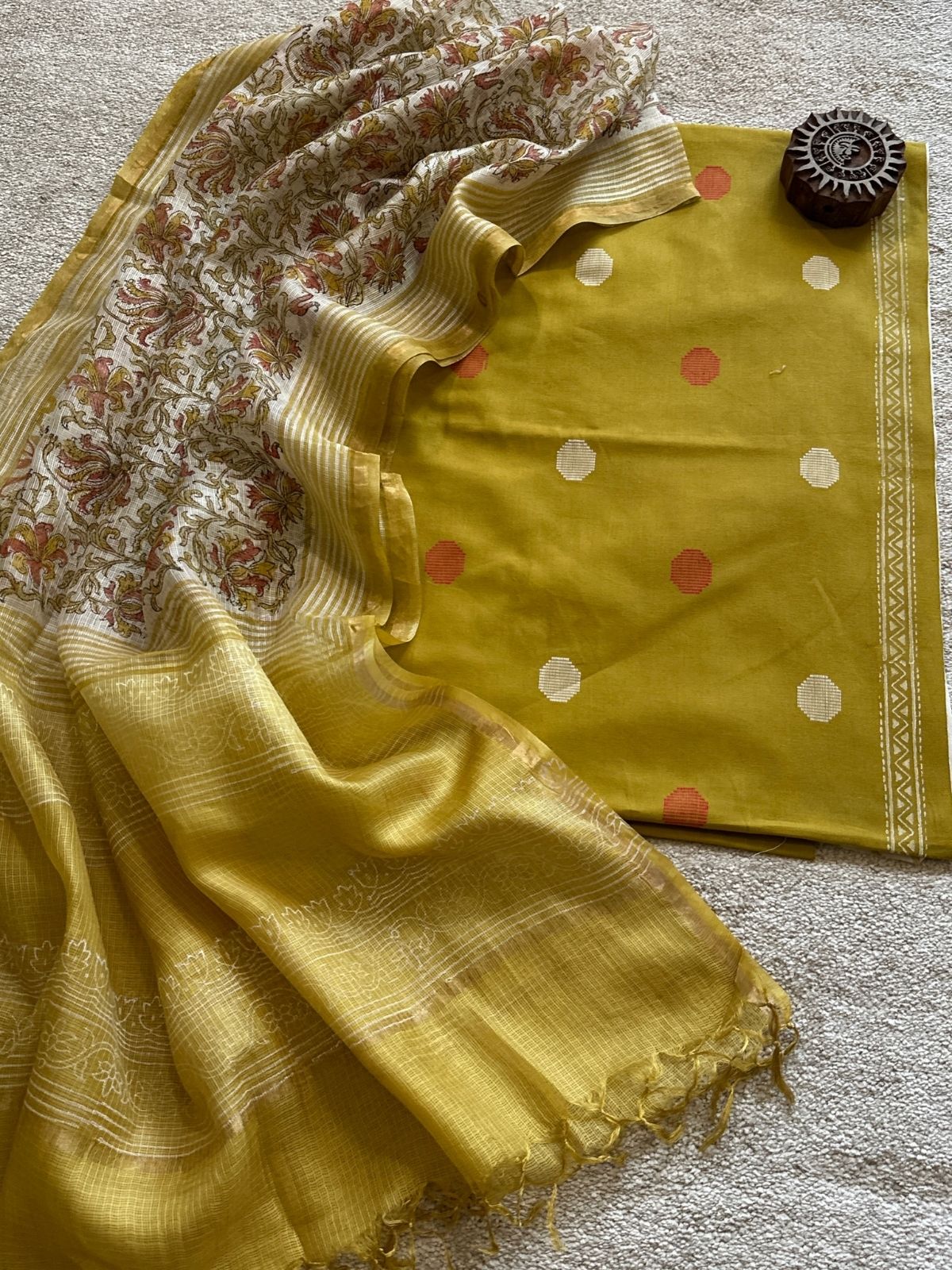 Pure Cotton Hand Woven Fabric with Kota Silk Handblocked dupatta.