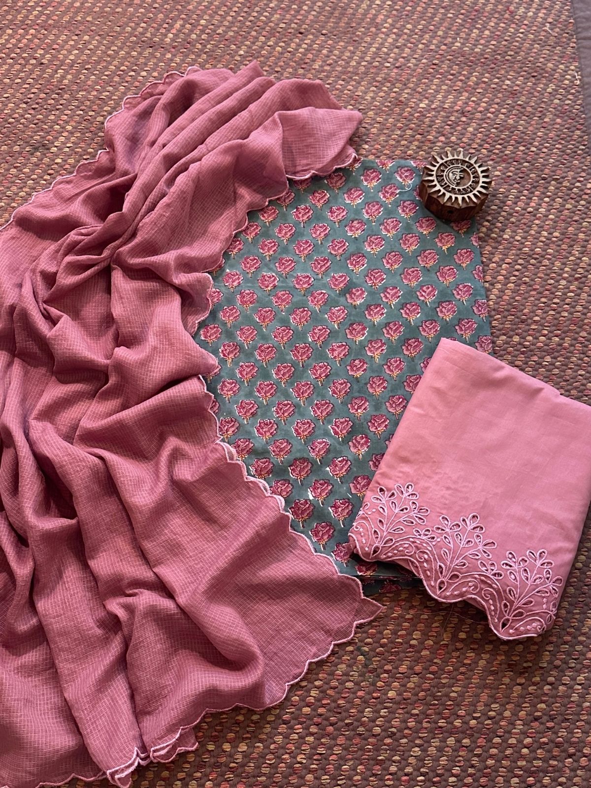 Pure Cotton Hand-blocked Fabric with Cutwork Bottom & Kota Doria Dupatta