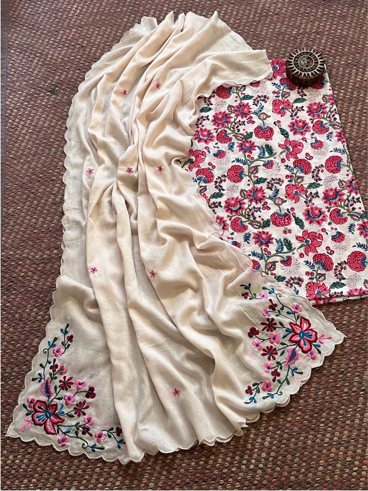 Pure Cotton Handblocked Fabric with Malmal Embroidered Dupatta.