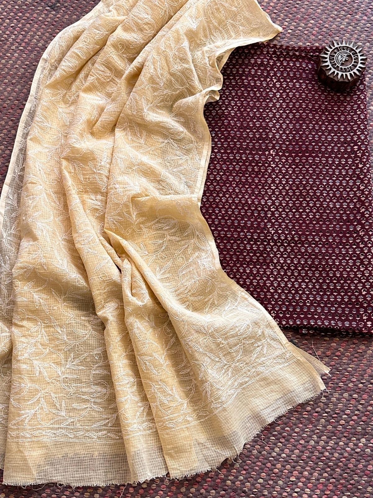 Ajrakh Handblocked Cotton Malmal Fabric with Chikankari Kota Dupatta Unstitched Set