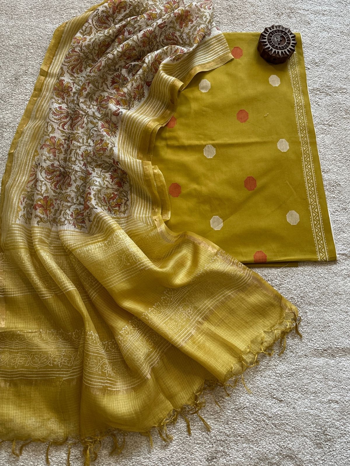 Pure Cotton Hand Woven Fabric with Kota Silk Handblocked dupatta.