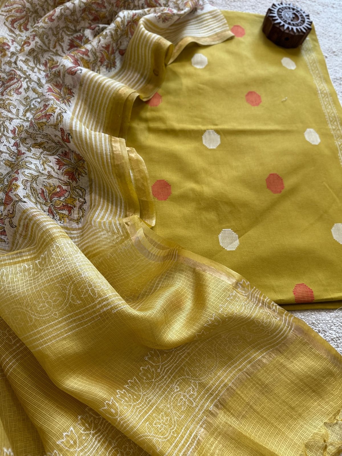 Pure Cotton Hand Woven Fabric with Kota Silk Handblocked dupatta.