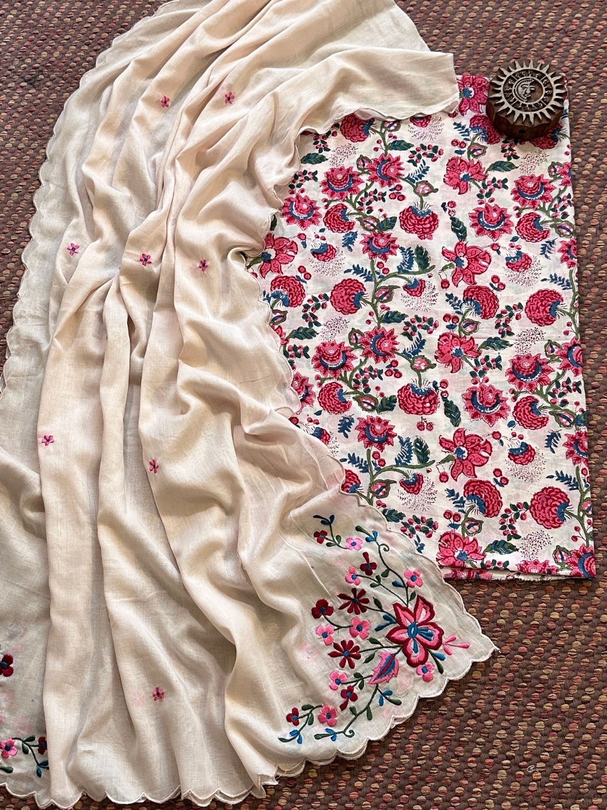 Pure Cotton Handblocked Fabric with Malmal Embroidered Dupatta.